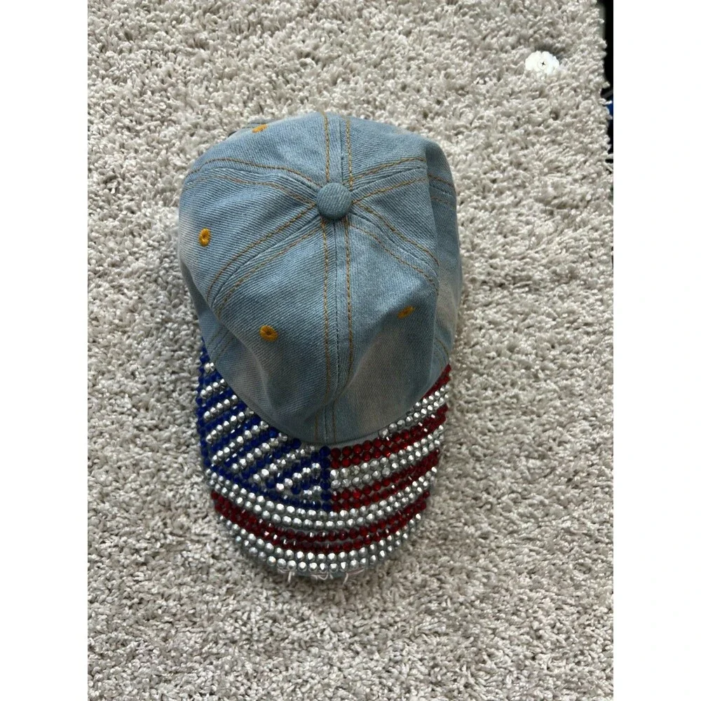Jewel Studded US Flag Baseball Cap Bling Rhinestone USA Jean Distressed Hat - Picture 2 of 5